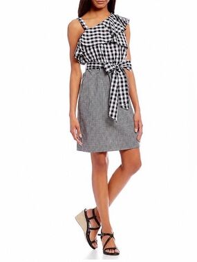 Calvin Klein Black and White Gingham Dress with Ruffle Detail